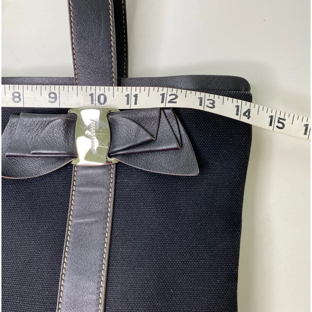 Salvatore Ferragamo Vara Ribbon Black‎ Canvas Leather Trimmed Tote Handbag Purse